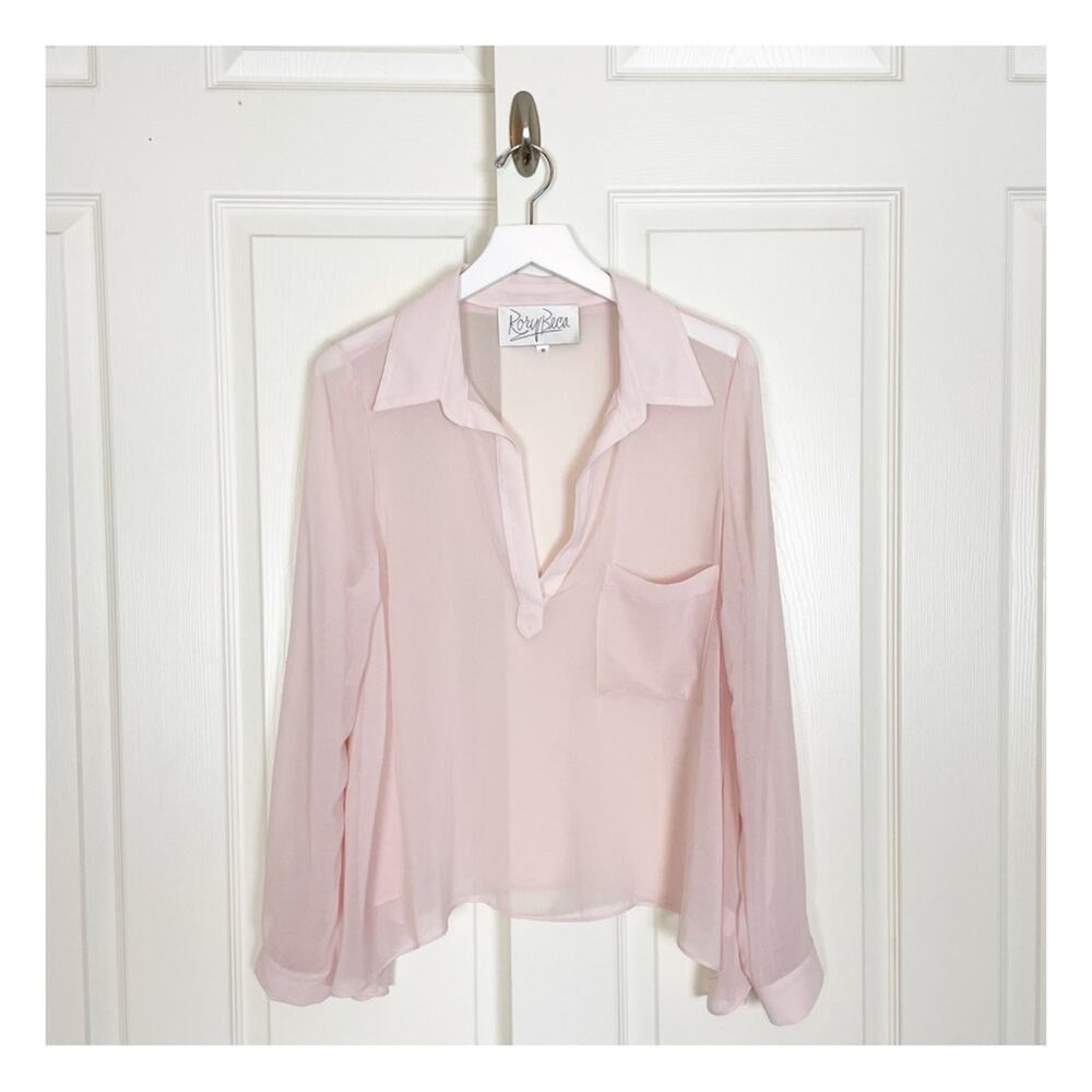 Rory Beca Blush Pink Sheer Georgette Blouse V-Neck Collar Rayon Sz M